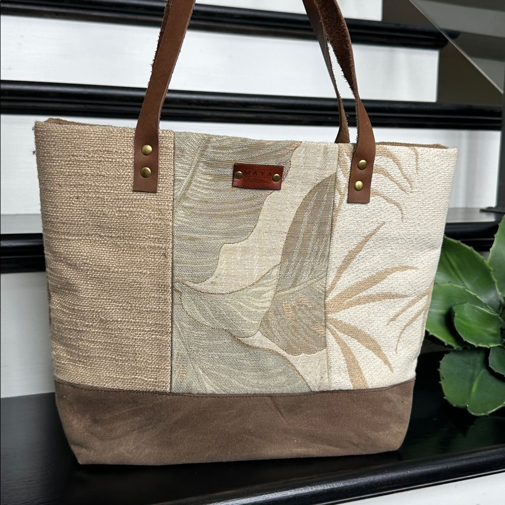 Maya Collections canvas & suede, neutral floral shoulder tote bag